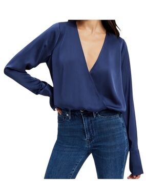 Good American Satin Blue Wrap Blouse with Cuffed Long Sleeves Size XL GA Size 4